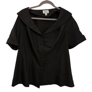 Unique Vintage Black Polyester Short Sleeve V-Neck Collar Button Blouse 1X NWT